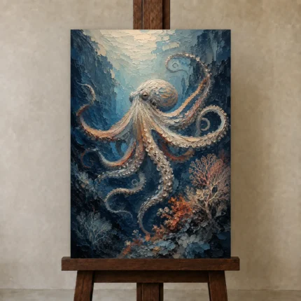 Deep Blue Octopus Underwater Wall Art Canvas Print shown in Studio Easel