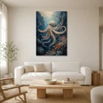 Deep Blue Octopus Underwater Wall Art Canvas Print styled in a refined neutral interior