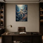 Deep Blue Octopus Underwater Wall Art Canvas Print displayed in a contemporary gallery-inspired room