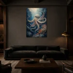 Deep Blue Octopus Underwater Wall Art Canvas Print shown in a warm modern interior