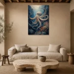 Deep Blue Octopus Underwater Wall Art Canvas Print presented in a sophisticated home setting