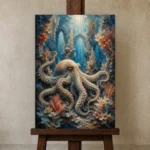 Majestic Coral Cathedral Underwater Wall Art Canvas Print displayed on a studio easel