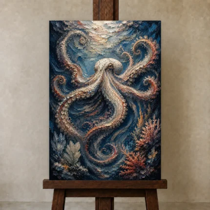 Midnight Octopus Dance Underwater Wall Art Canvas Print shown in Studio Easel