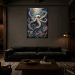 Midnight Octopus Dance Underwater Wall Art Canvas Print shown in a warm modern interior