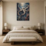Midnight Octopus Dance Underwater Wall Art Canvas Print showcased in an elegant minimalist interior