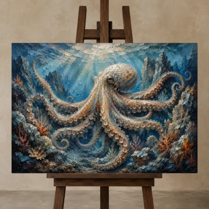 Expansive Octopus Seascape Underwater Wall Art Canvas Print shown in Studio Easel