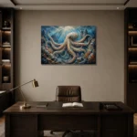 Expansive Octopus Seascape Underwater Wall Art Canvas Print displayed in a contemporary gallery-inspired room