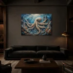 Expansive Octopus Seascape Underwater Wall Art Canvas Print shown in a warm modern interior