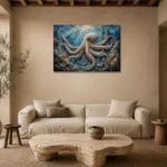 Expansive Octopus Seascape Underwater Wall Art Canvas Print presented in a sophisticated home setting