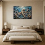 Expansive Octopus Seascape Underwater Wall Art Canvas Print showcased in an elegant minimalist interior