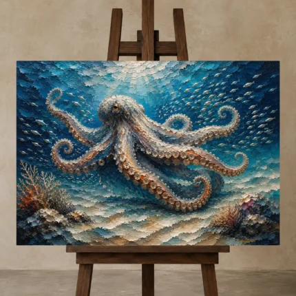 Tranquil Octopus Seafloor Underwater Wall Art Canvas Print displayed on a studio easel