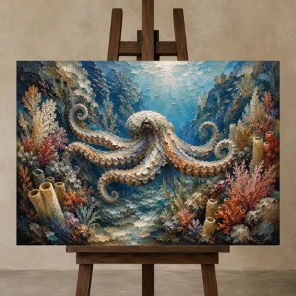 Panoramic Reef Corridor Underwater Wall Art Canvas Print displayed on a studio easel