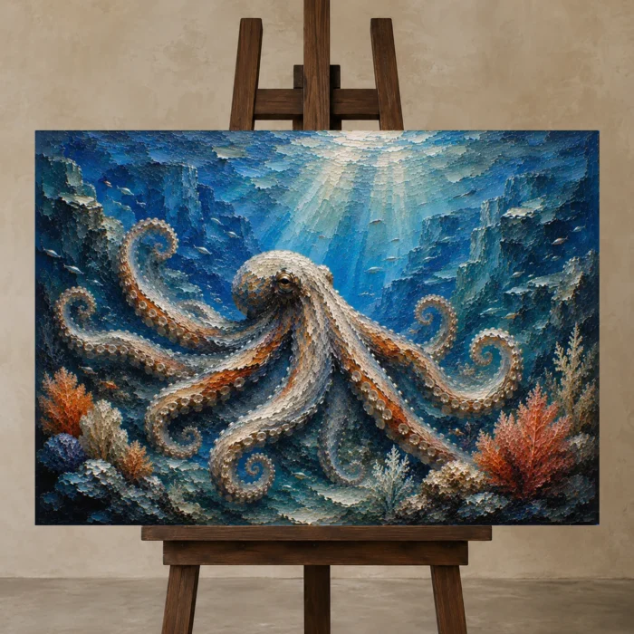 Sapphire Ocean Octopus Underwater Wall Art Canvas Print displayed on a studio easel