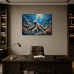 Sapphire Ocean Octopus Underwater Wall Art Canvas Print displayed in a contemporary gallery-inspired room