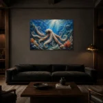 Sapphire Ocean Octopus Underwater Wall Art Canvas Print shown in a warm modern interior