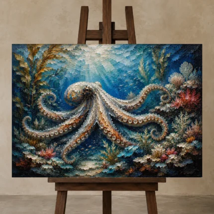Panoramic Kelp Forest Underwater Wall Art Canvas Print displayed on a studio easel