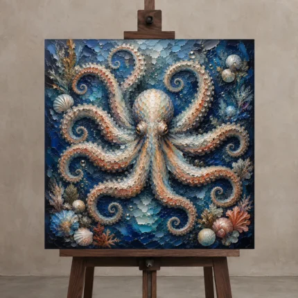 Radiant Octopus Underwater Wall Art Canvas Print displayed on a studio easel