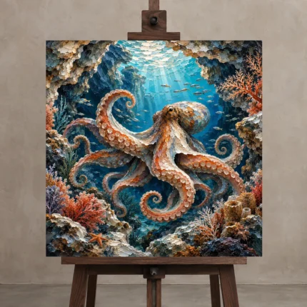 Secluded Grotto Underwater Wall Art Canvas Print displayed on a studio easel