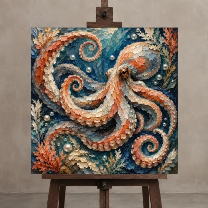 Spiral Octopus Underwater Wall Art Canvas Print displayed on a studio easel