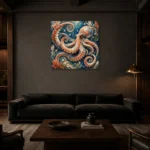 Spiral Octopus Underwater Wall Art Canvas Print shown in a warm modern interior