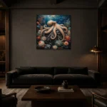 Majestic Volcanic Reef Underwater Wall Art Canvas Print shown in a warm modern interior