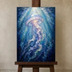 Ethereal Jellyfish Underwater Wall Art Canvas Print displayed on a studio easel