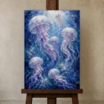 Luminous Jellyfish Underwater Wall Art Canvas Print displayed on a studio easel