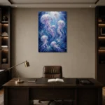 Luminous Jellyfish Underwater Wall Art Canvas Print displayed in a contemporary gallery-inspired room