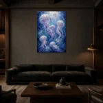 Luminous Jellyfish Underwater Wall Art Canvas Print shown in a warm modern interior