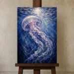 Moonlit Jellyfish Underwater Wall Art Canvas Print displayed on a studio easel