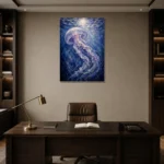 Moonlit Jellyfish Underwater Wall Art Canvas Print displayed in a contemporary gallery-inspired room