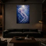 Moonlit Jellyfish Underwater Wall Art Canvas Print shown in a warm modern interior