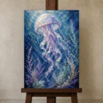 Serene Jellyfish Underwater Wall Art Canvas Print displayed on a studio easel
