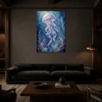 Serene Jellyfish Underwater Wall Art Canvas Print shown in a warm modern interior