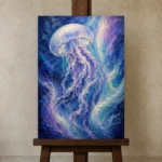 Aurora Jellyfish Underwater Wall Art Canvas Print displayed on a studio easel