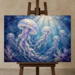 Tranquil Jellyfish Underwater Wall Art Canvas Print displayed on a studio easel