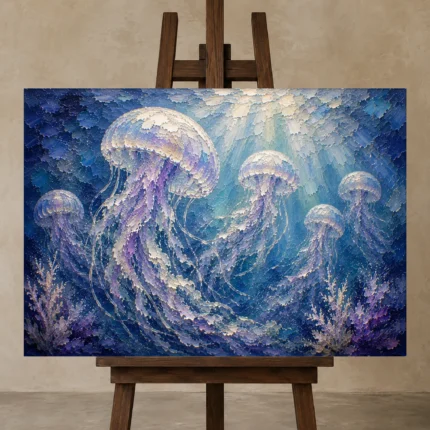 Tranquil Jellyfish Underwater Wall Art Canvas Print displayed on a studio easel