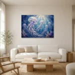 Tranquil Jellyfish Underwater Wall Art Canvas Print styled in a refined neutral interior