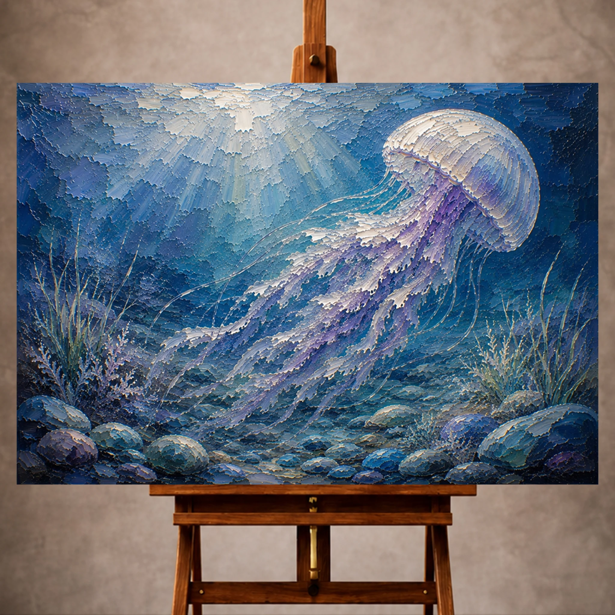 Premium Wall Art Yatay Html Edition – UNWATR027 Image 1 Sapphire Jellyfish Underwater Wall Art Canvas Print - Image 1