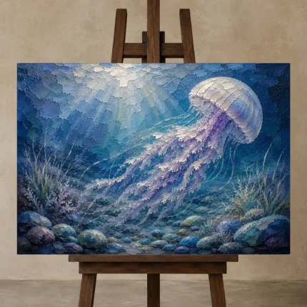 Sapphire Jellyfish Underwater Wall Art Canvas Print displayed on a studio easel