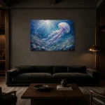 Sapphire Jellyfish Underwater Wall Art Canvas Print shown in a warm modern interior