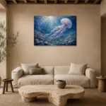 Sapphire Jellyfish Underwater Wall Art Canvas Print presented in a sophisticated home setting