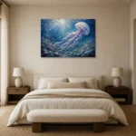 Sapphire Jellyfish Underwater Wall Art Canvas Print showcased in an elegant minimalist interior