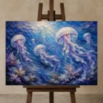 Cinematic Jellyfish Underwater Wall Art Canvas Print displayed on a studio easel