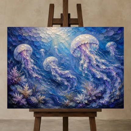 Cinematic Jellyfish Underwater Wall Art Canvas Print shown in Studio Easel
