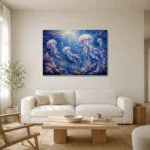 Cinematic Jellyfish Underwater Wall Art Canvas Print styled in a refined neutral interior