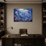 Cinematic Jellyfish Underwater Wall Art Canvas Print displayed in a contemporary gallery-inspired room