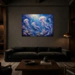 Cinematic Jellyfish Underwater Wall Art Canvas Print shown in a warm modern interior