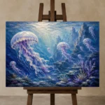 Luminous Horizon Jellyfish Wall Art Canvas Print displayed on a studio easel