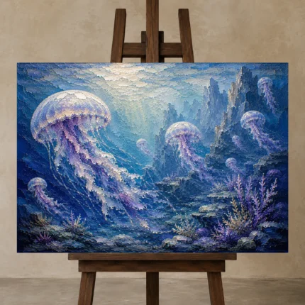 Luminous Horizon Jellyfish Wall Art Canvas Print displayed on a studio easel